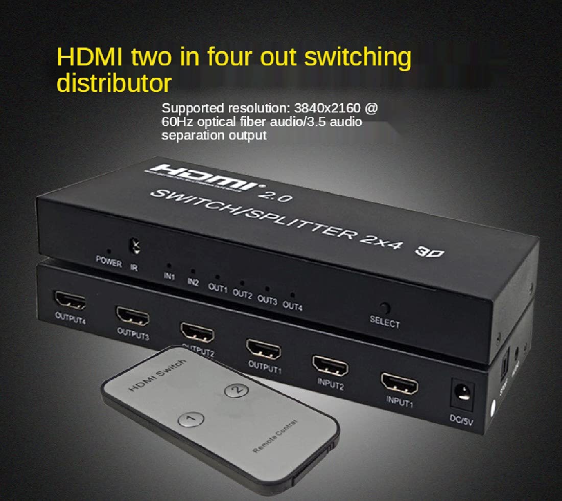 Divisore HDMI 2x4 ，4K HDMI 2.0 Switcher 2X4 Splitter con HDMI 2.0 SPDIF Estrattore audio Funzioni splitter HDMI 2 in 4 out Switch Splitter