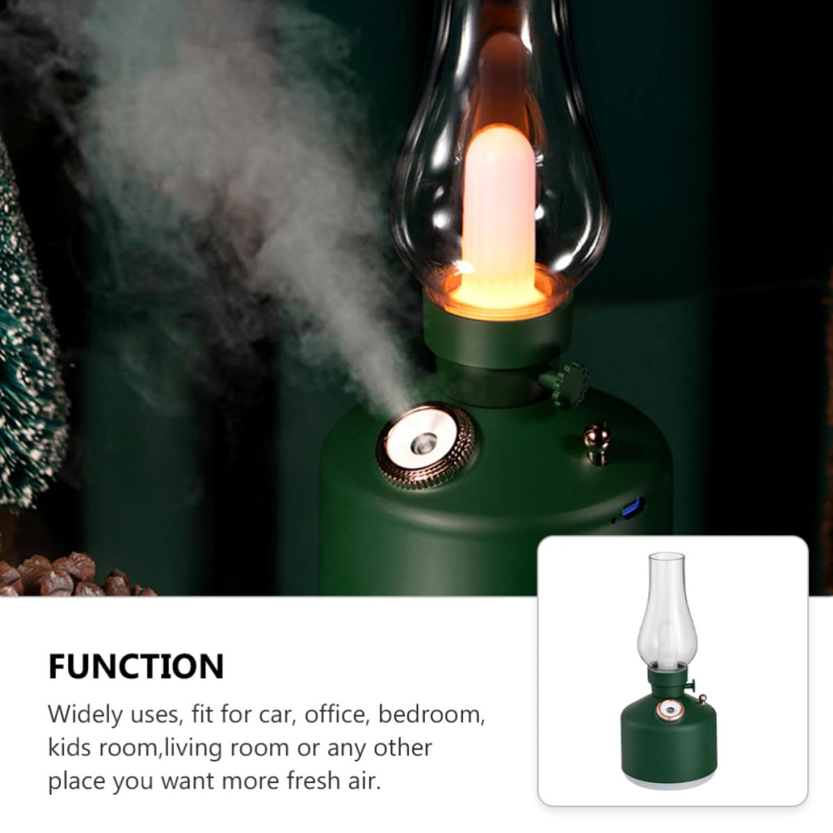 YARNOW Humidificador de Luz Nocturna Multifuncional Verde Capacidad de 280ml y 1200mah para Dormitorio y Oficina Diseño Elegante de Abs