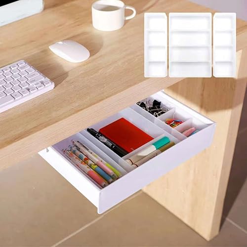 XINGFENGSU Under Desk drawer, Attachable and Self-Adhesive Under Desk Drawers Slide-out With Adjustable 3 Individual Storage Containers Organizers