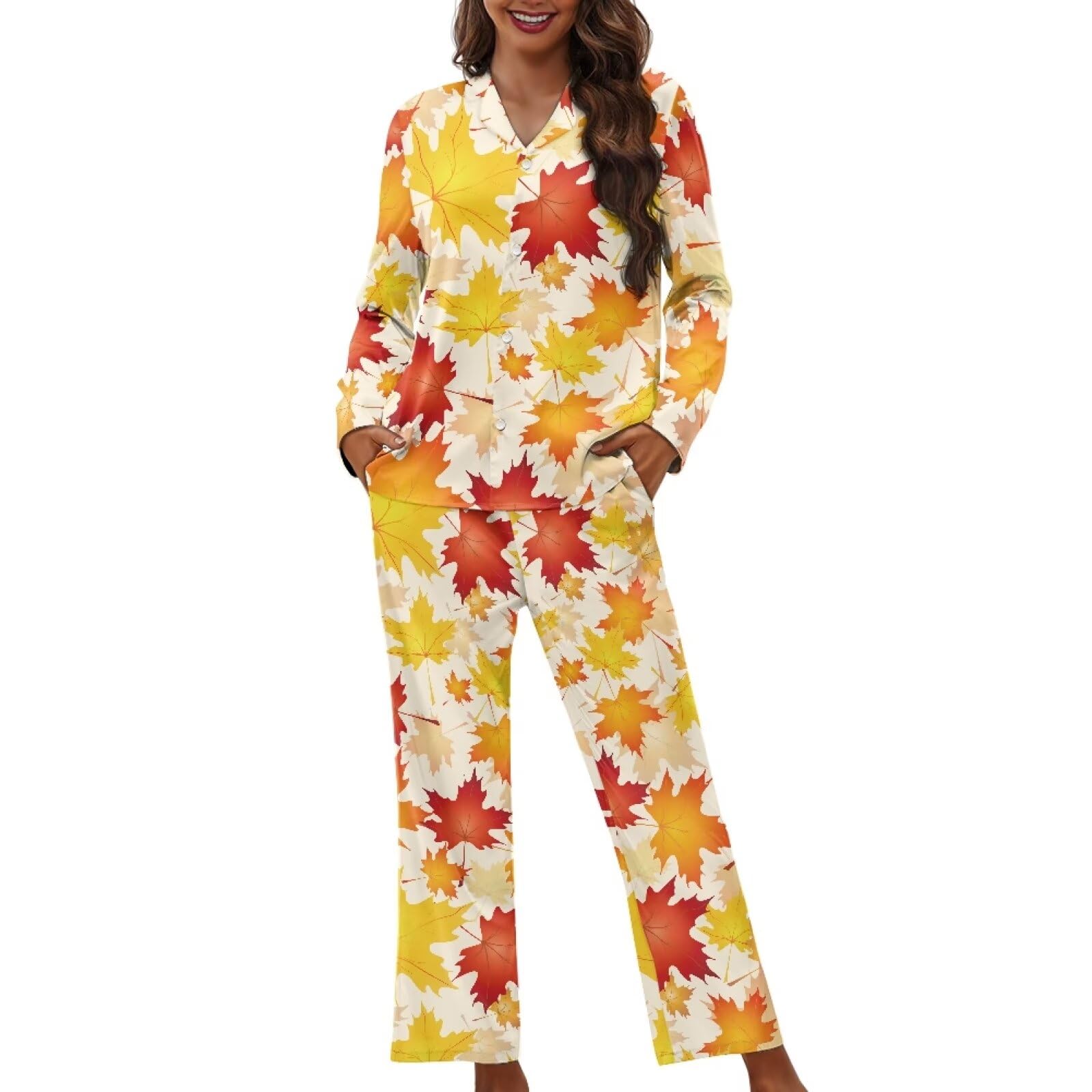 Biyejit Conjunto de pijama para mujer, estilo casual, con botones, cuello en V, bolsillos y bolsillo, tallas XS-4XL, 2 piezas, Hojas de arce otoñales, 3XL