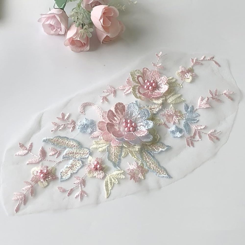 S.A.V.I 1PC 3D Flower Beaded Mesh Lace Fabric with Butterfly Embroidery Applique | Sew-on for Wedding Dress Decoration | Elegant Bridal Fabric | Best Crafting Material (Pink-Blue)-image-43