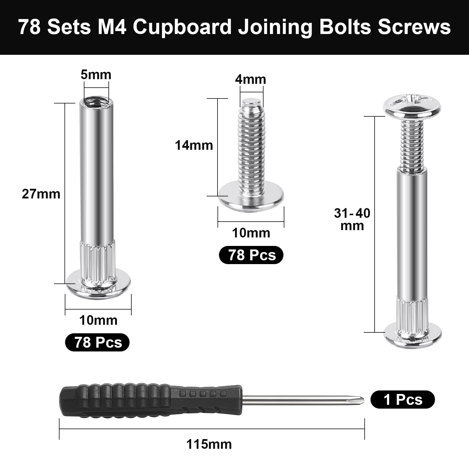 HavaCue 156Pcs M4 Cupboard Joining Bolts Screws, Cabinet Connectors 31-40mm (78PCS Binding Screws & 78PCS Connecting Sleeves) - Image 2