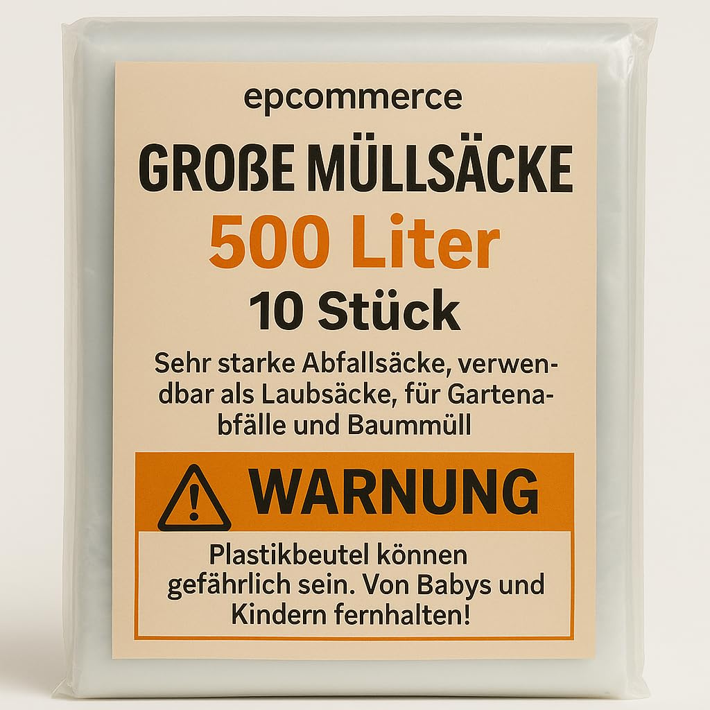 Grandi sacchi per rifiuti, 500 litri, 10 pezzi, sacchi per immondizia molto resistenti, utilizzabili come sacchi per foglie, per rifiuti da giardino e macerie edili.