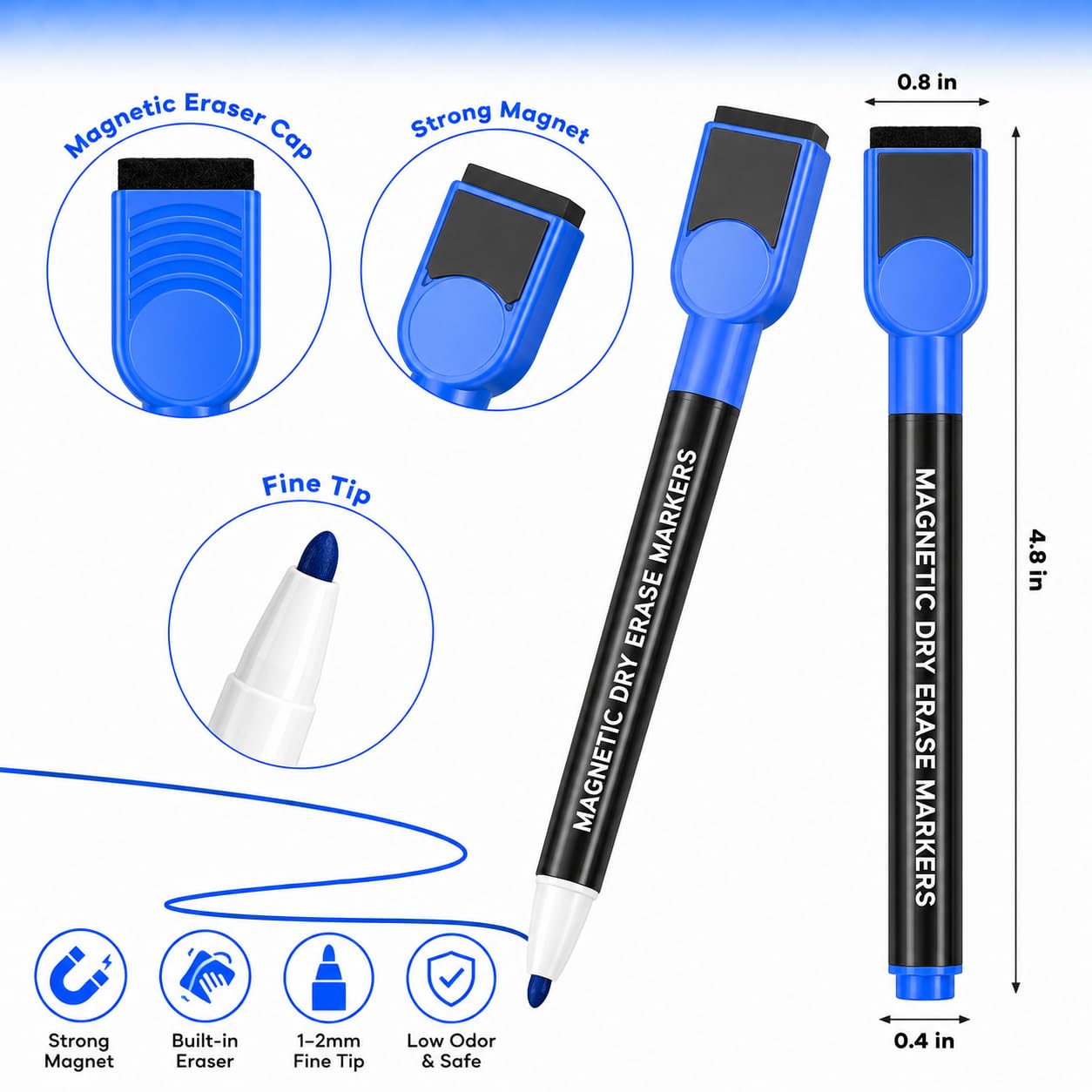 SUQJOY Magnetische Whiteboard-Marker mit Radierkappen, 12 Farben, feine Spitze, trocken abwischbar, geruchsarme Tinte, für Büro, Klassenzimmer und Zuhause (12 Stück, 12 Farben)