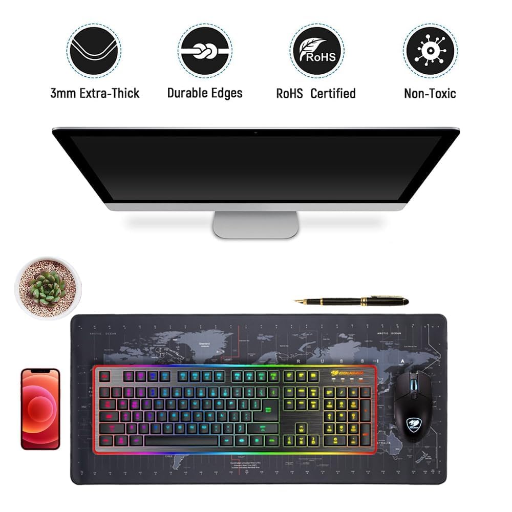 BHAVRUTT World Map Extra Large Gaming Mouse Pad & Keyboard Desk Mat | Anti-Slip Rubber for Computer & Laptop | 700L x 300W x 3H mm 2