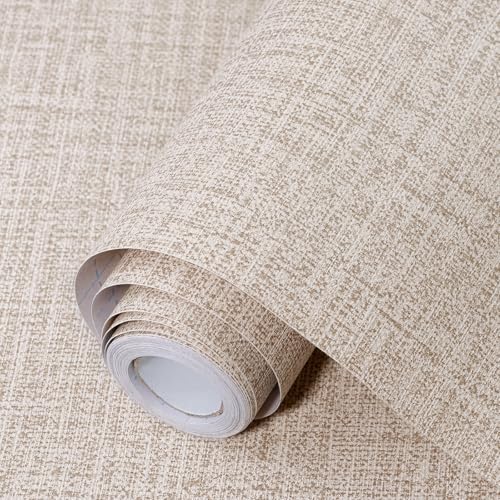 Uooar Khaki Grasscloth Peel and Stick Wallpaper 17.3x120 Faux Linen Textured Contact Paper Removable Self Adhesive Vinyl Wallpaper for Bedroom Bathroom Kitchen Cabinets