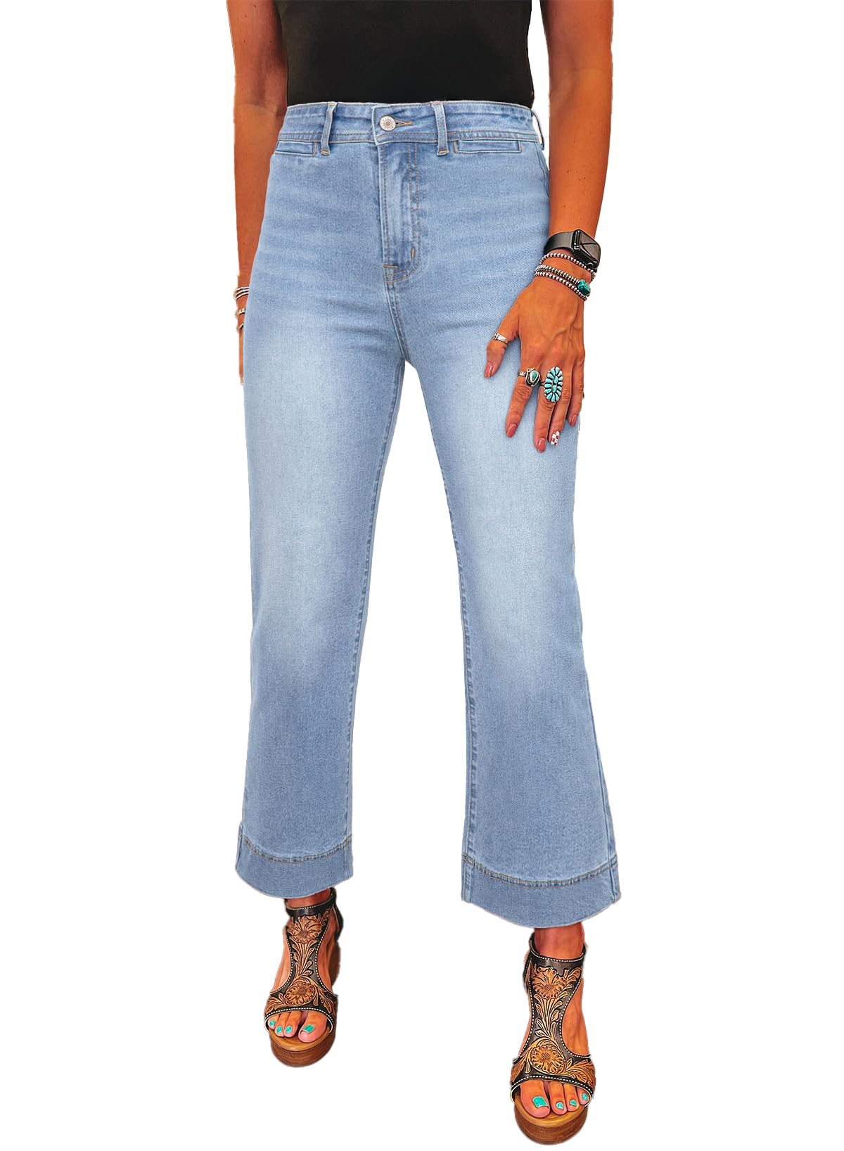 SHEWIN Wide Leg Jeans for Women Trendy High Waisted Flare Jeans Stretchy Straight Leg Ankle Denim Pants with Pockets