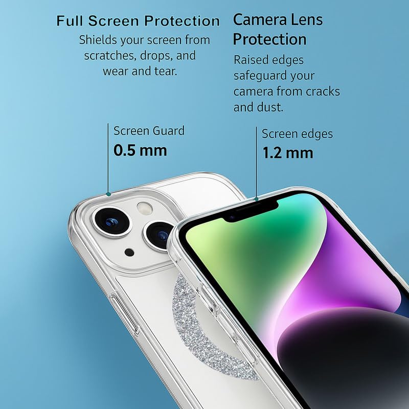 Image of AIBEX Back Cover Case Compatible with iPhone 14 | Glitter Ring Cute Shiny Colorful Bling Case (Compatible with Magsafe) | Transparent PC+TPU Glossy Shiny Cover for Girls & Women - Silver