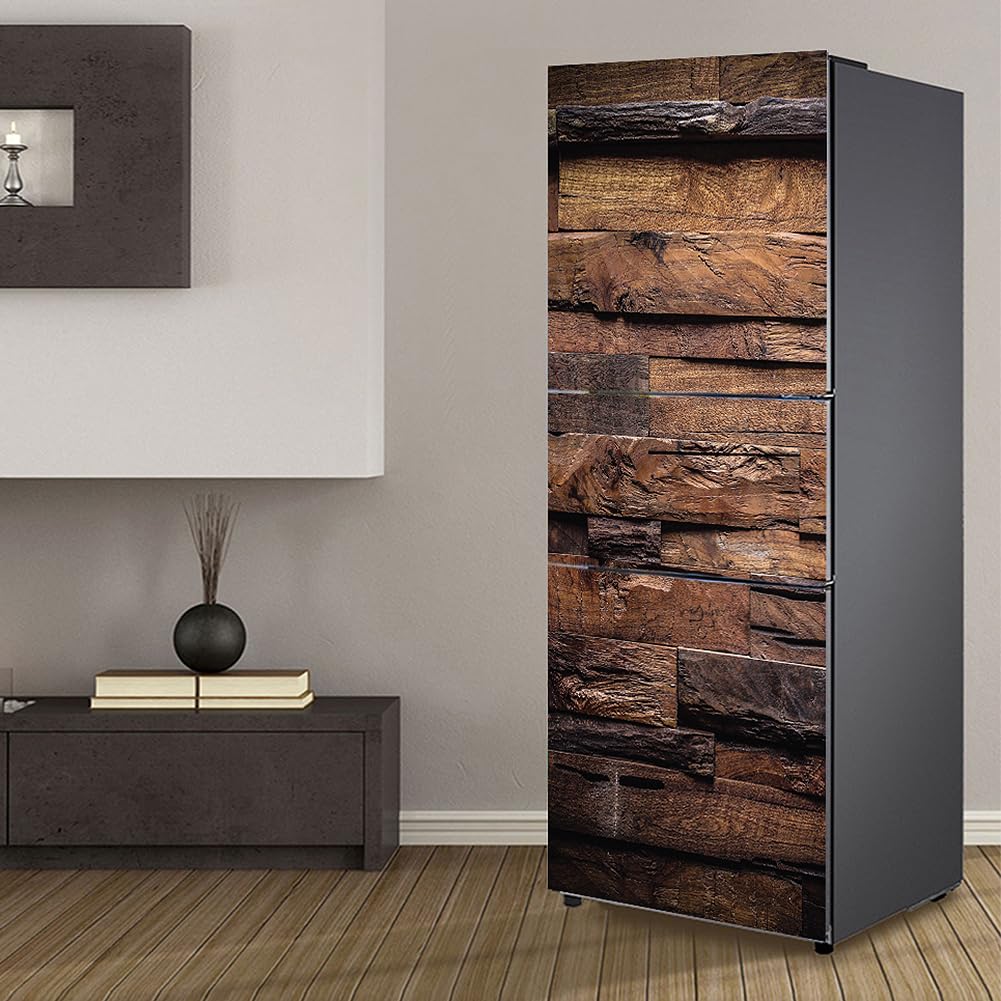 Fridge Stickers, Fridge Sticker Full Covering Door Covers Skins Wall Stickers for Kitchen Decal, Brown Retro Wooden Board Effect(M: 60x180 cm)
