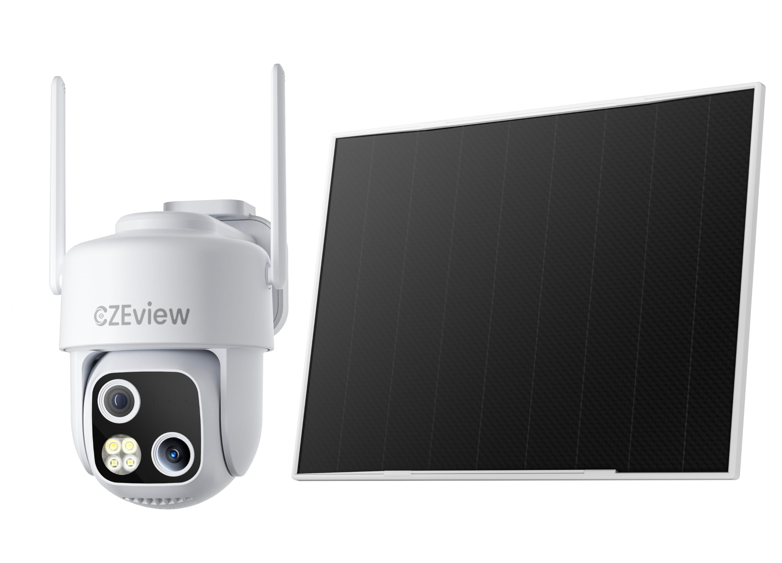 CZEview Telecamera di sorveglianza 3K per esterni, batteria solare, 2,4 GHz, telecamera WiFi per esterni con doppio obiettivo, zoom automatico 18x, registrazione continua 24/7, monitoraggio automatico