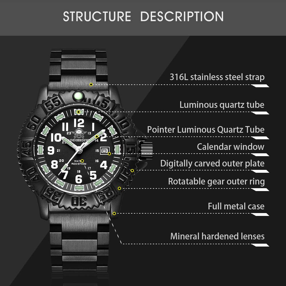 ADDIESDIVE Montre de Sport Homme Militaire Quartz Cadran 24 Heures Lumineux Étanche 50M Lunette Pivotante Acier Inoxydable