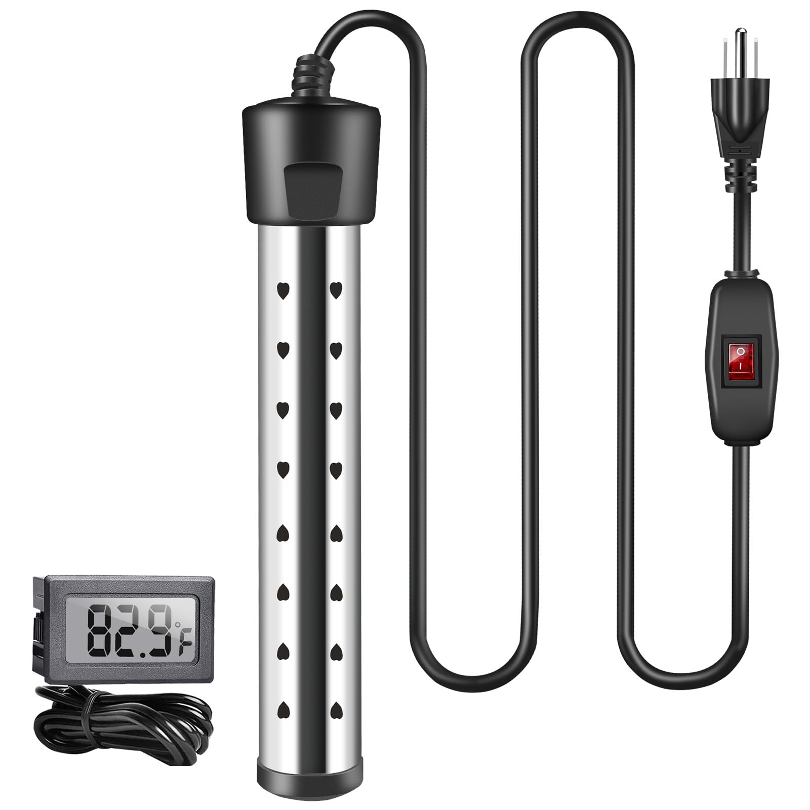 Immersion Water Heater, 2000W Bucket Heater with Switch Control, Portable Pool Heater with Digital LCD Thermometer, 304 Stainless-Steel Guard Bathtub Heater for Home and Outdoor Use