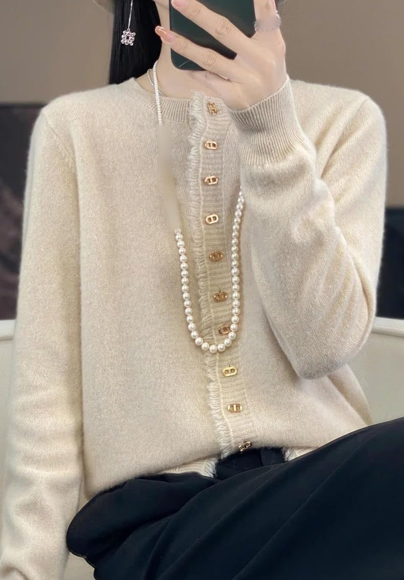 Cárdigan de Mujer con Cuello Redondo, Borlas de Cachemira Pura, Cárdigan Abierto por Delante, Botones de Manga Larga, Cárdigan de Punto Acanalado, Elegante Prenda Exterior Informal de Cache