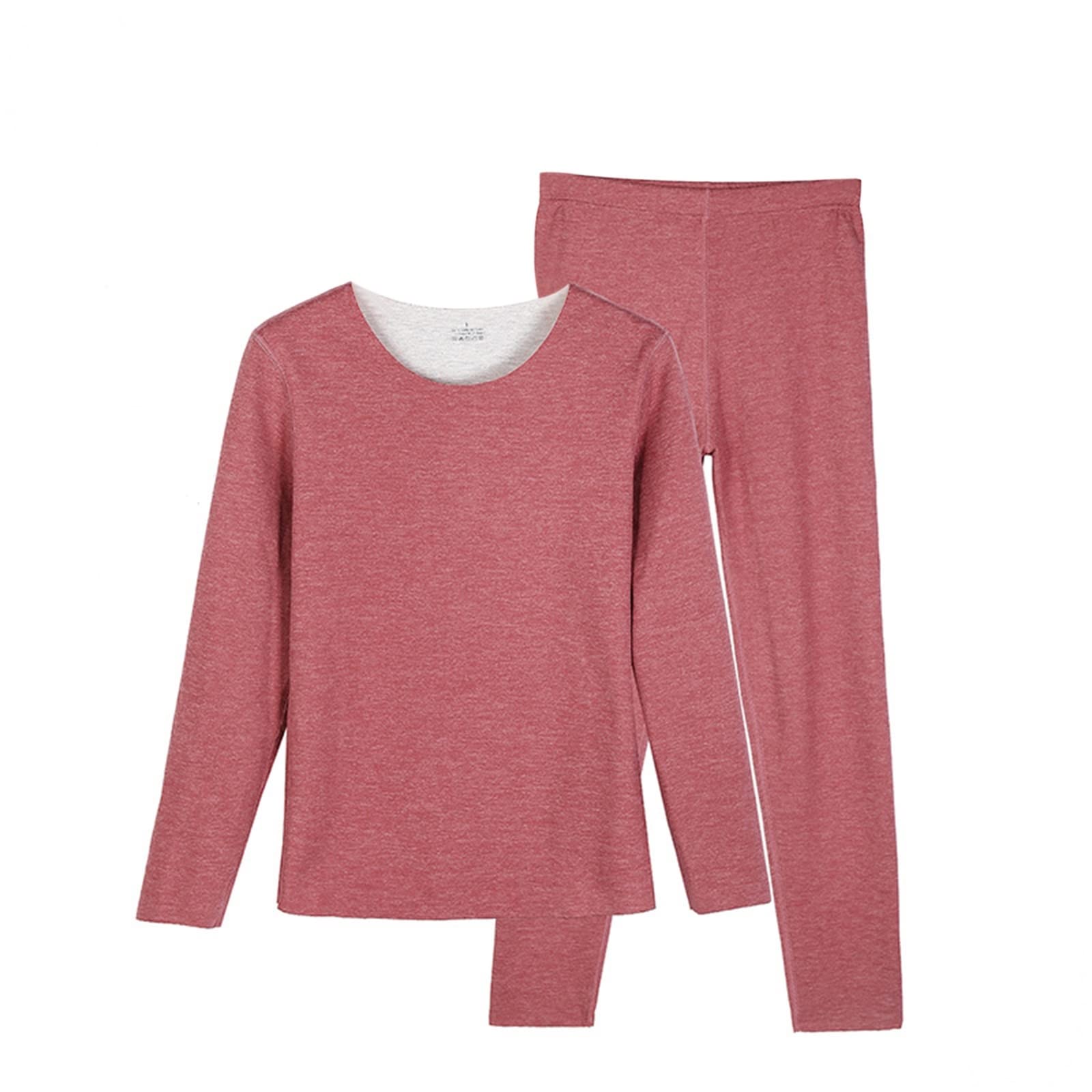 Ropa Interior Térmica Mujer, Poliéster Set Ropa Termica Color de la Salsa de Frijol, Cuello Redondo Camiseta y Pantalon Termica Manga Larga Múltiples Tamaños