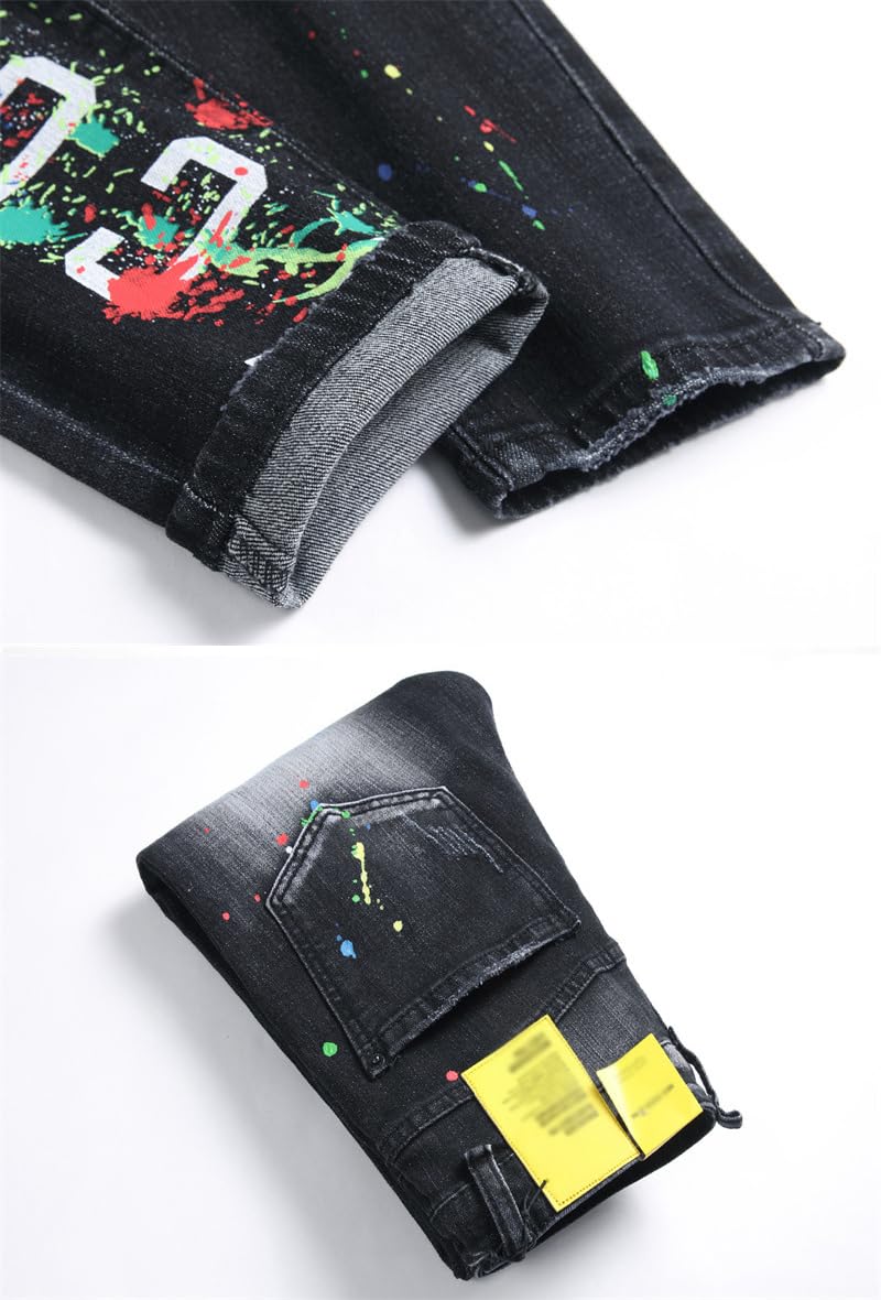 Vaqueros Hombre Slim Fit – Pantalones de Mezclilla Elástica con Diseño de Roturas, Estilo Hip-Hop Streetwear Y2K, Efecto de Salpicado de Tinta, Moda Casual y Versátil