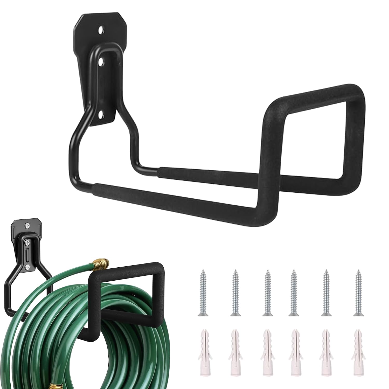 LxcshLjx 2 Pack Wall Mount Garden Hose Holder, Heavy Duty Black Metal Hose Reel Hanger, Outdoor Water Hose Storage Rack Hook for Garden Yard, Garage Tool and Pipe Organising