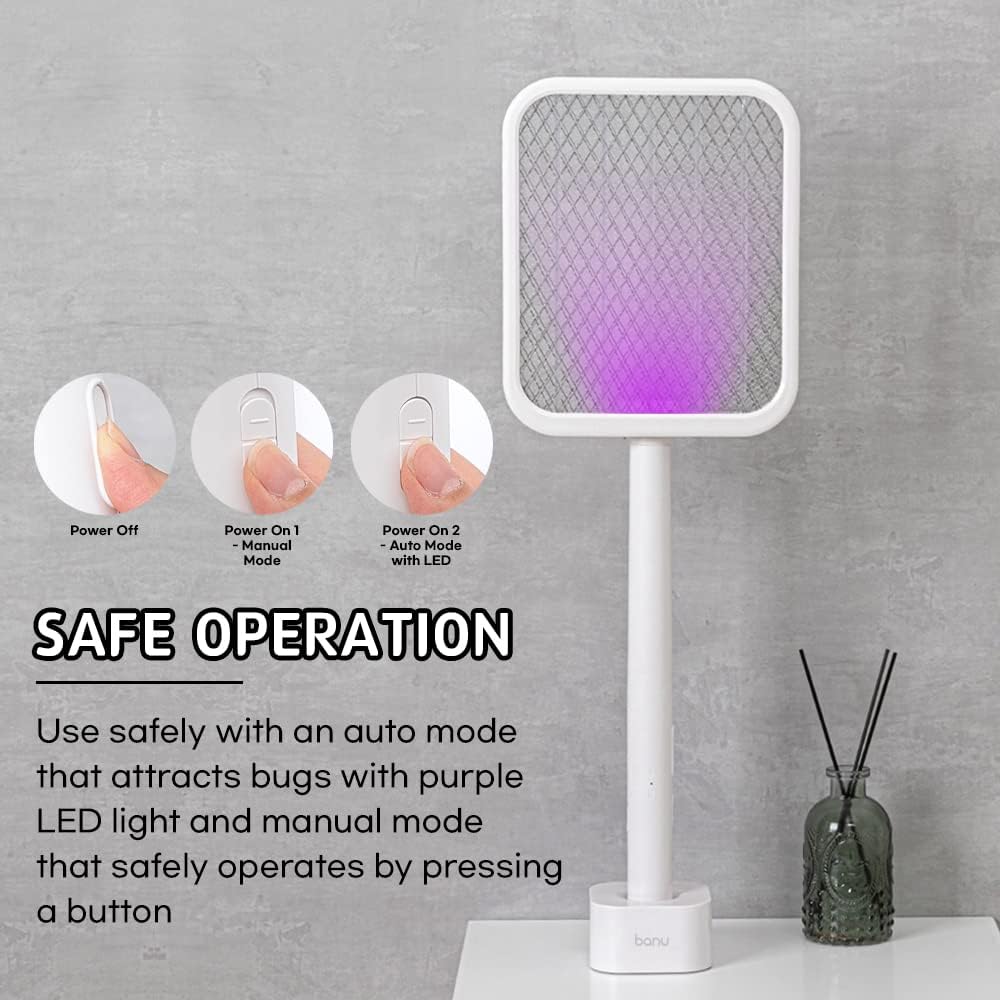 Banu Electric Fly Swatter Bug Zapper Racket, 180-Degree Folding, Adjustable 2-in-1 Mosquito Killer Lamp, Rechargeable 1200mAh Battery, 3-Layer Safety Mesh, Suitable for Indoor and Outdoor Use