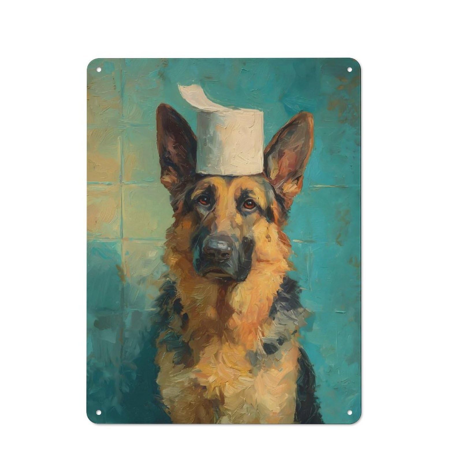 Junmoney Style-16 Character Decorative Tin Plaque 40X30cm Featuring German Shepherd With Toilet Paper Hat, Home Wall Decor For Flat, Dorm Room, Lounge Or Cafe