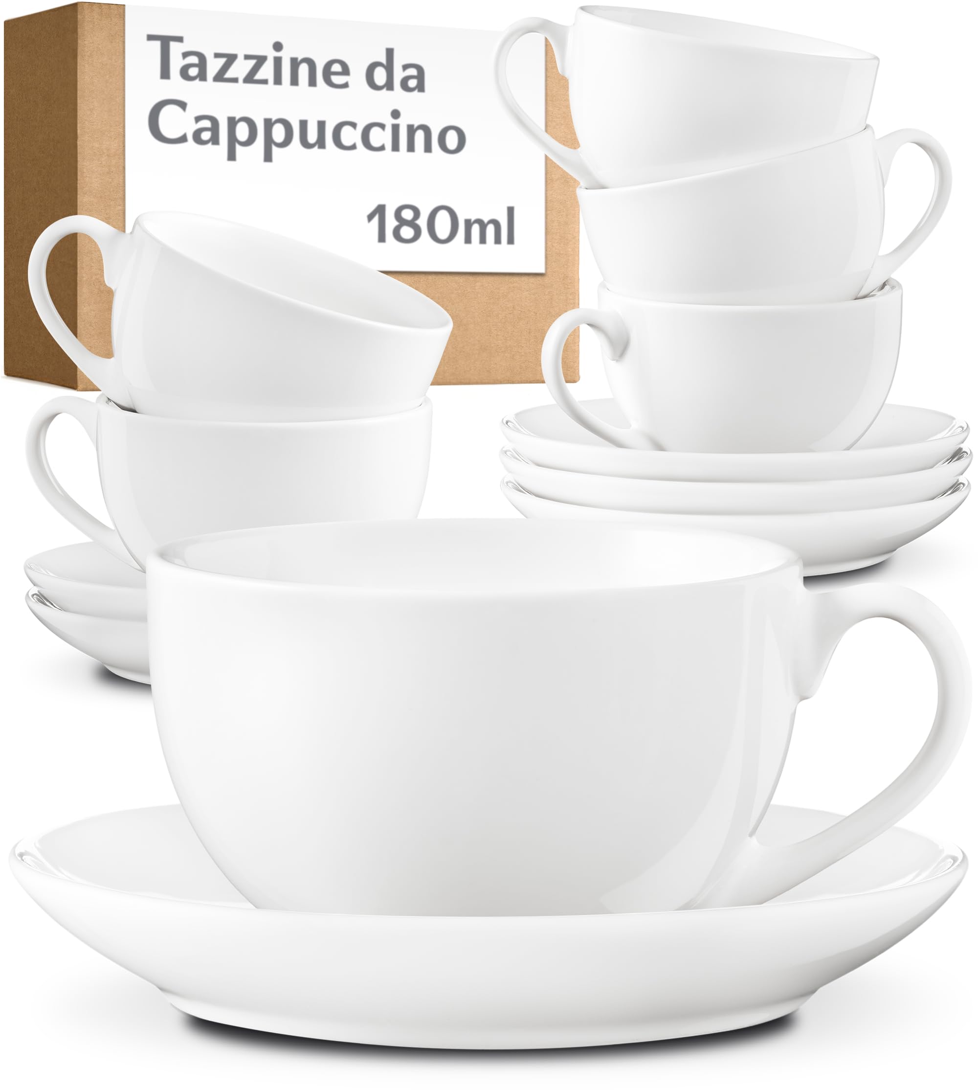 Tazzine Caffè 6 Pezzi in Ceramica Bianche con Piattini - Tazze Cappuccino Lavabili in Lavastoviglie - Set Regalo 180 ml