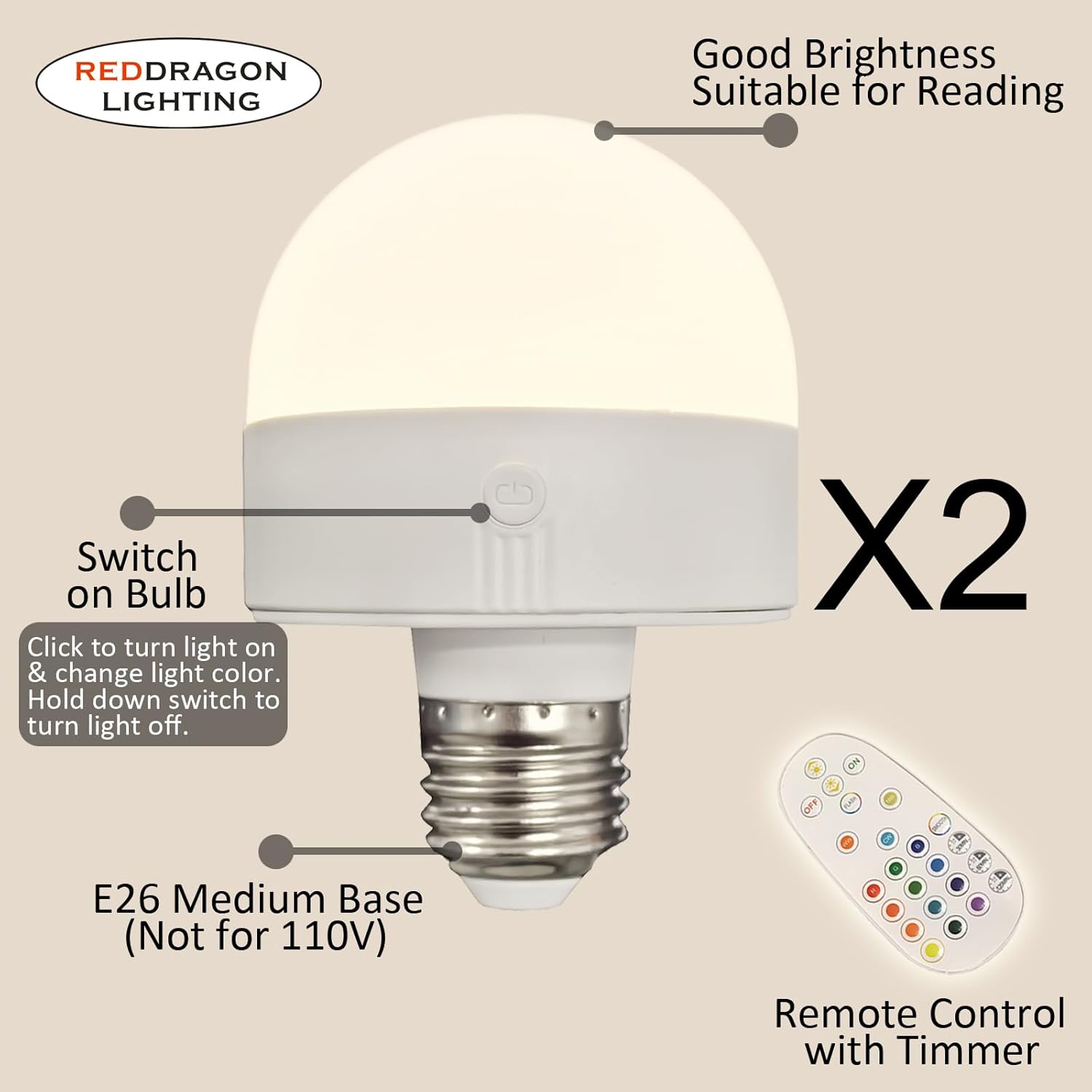 Long Battery Life LED Light Bulbs E26 Rechargeable with Remote and Button Switch, Emergency Low Voltage Bulb Battery Operated with Type-C Charging Port RGB Dimmable for Cordless Light Fixture (2 Pack)