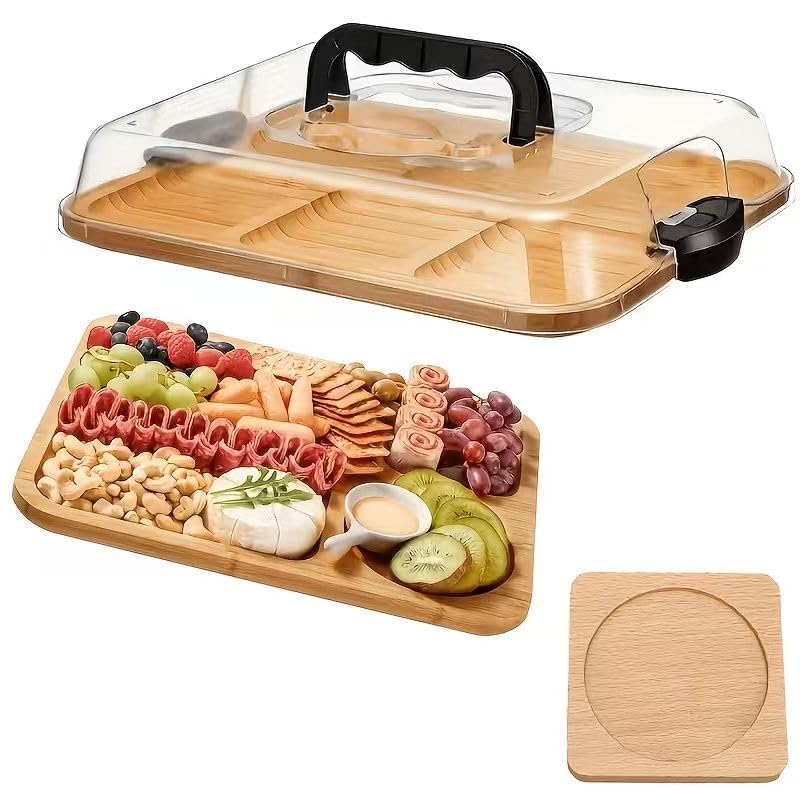1pc Bamboo Cheese Tray with Transparent Acrylic Lid - Portable Charcuterie Board for Camping, Parties, Restaurants | Holiday Appetizer and Snack Serving Tray, Suitable for Cutting Boards