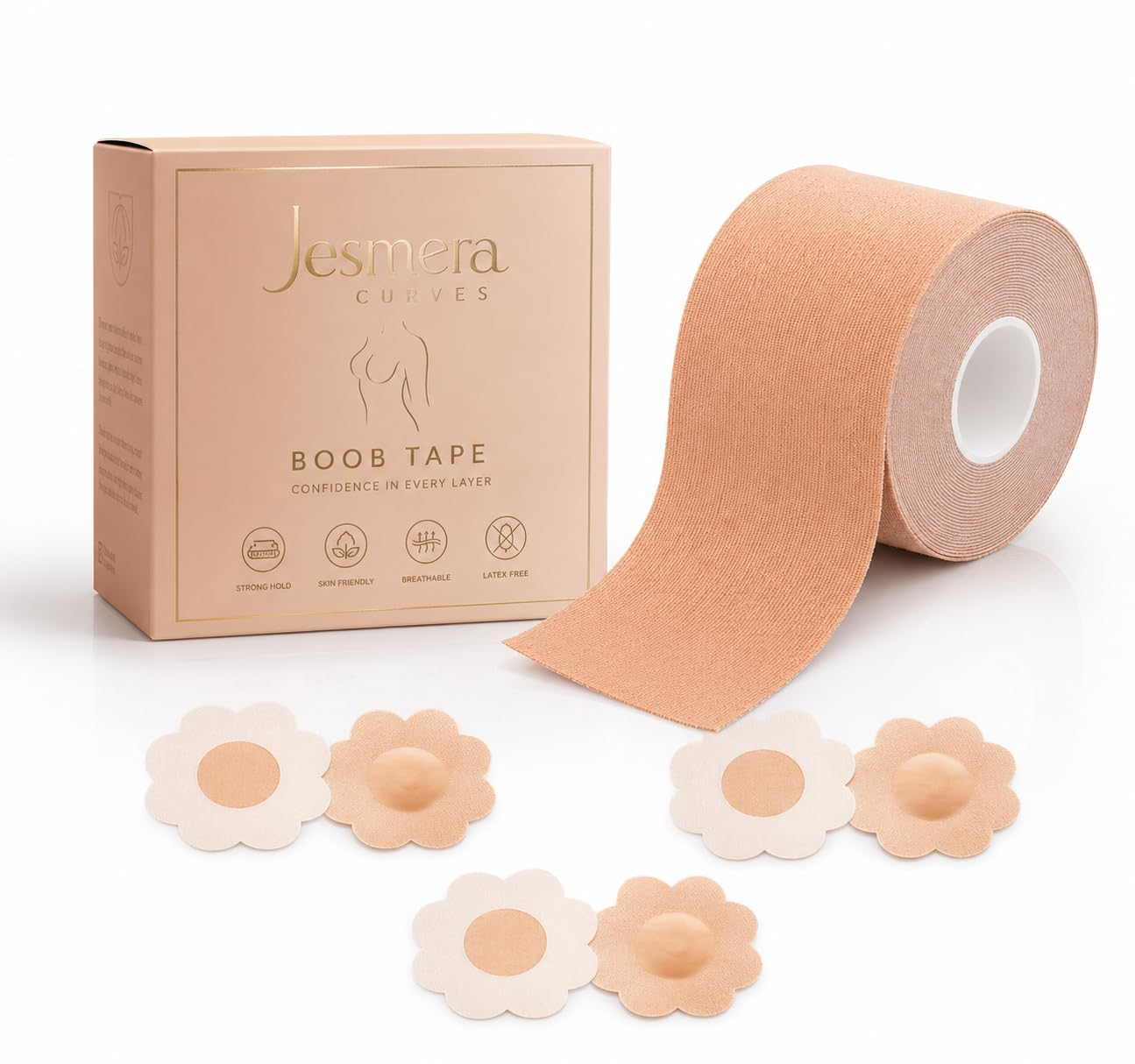 jesmera curves Boob Tape for Women Strong Hold Breast Lift with Nipple Covers Breathable Adhesive Stretch Bra Tape Push Up Nipple Tape for Dresses Backless & Strapless Outfits Multicolour-picture-14