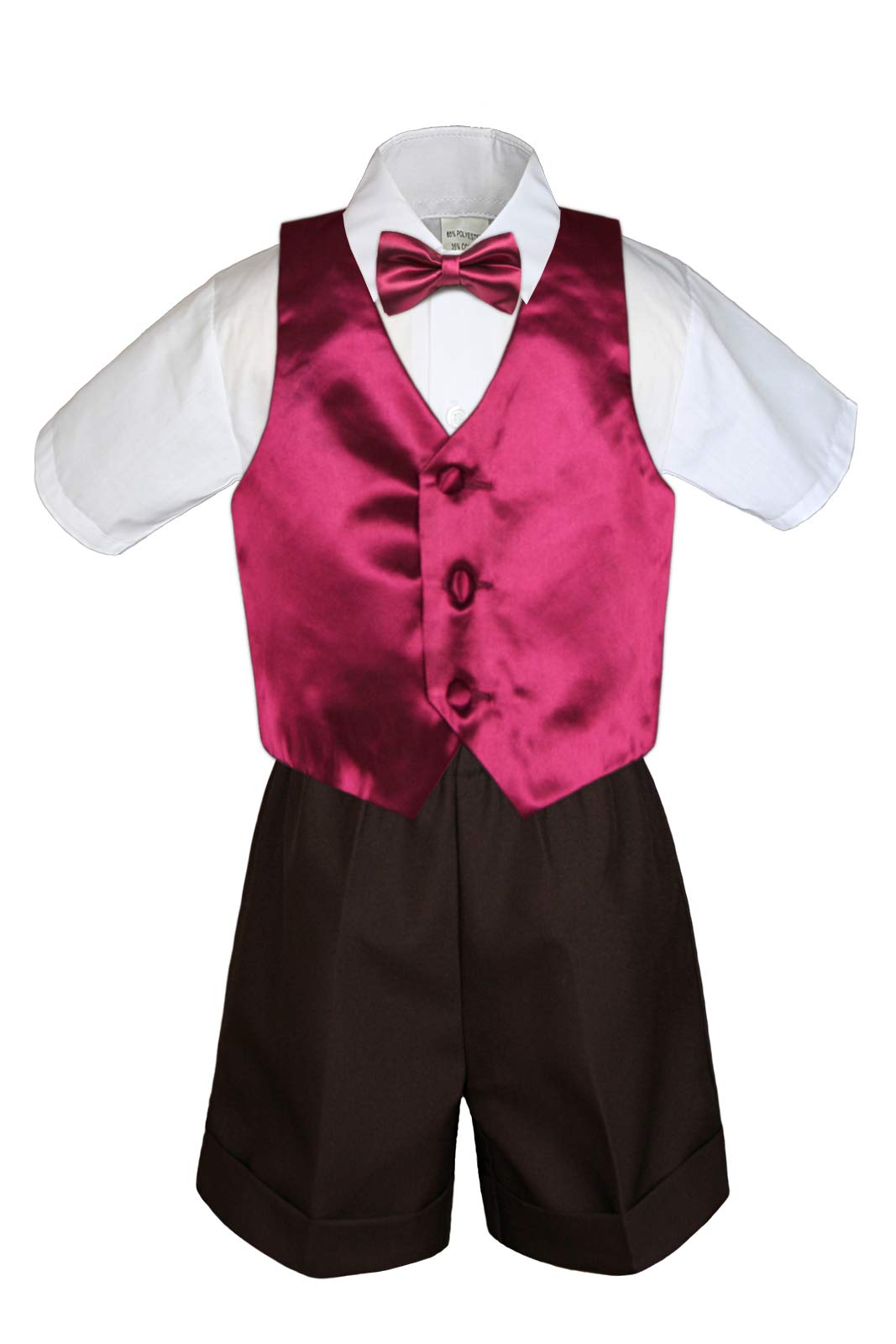 MILLTEX 4 Pieces Set Formal Party Wedding Color Satin Vest & Bow tie Shirt Brown Shorts Set New Born Baby Boy Toddler Sm-4T (XL (18-24 Months), Burgundy)