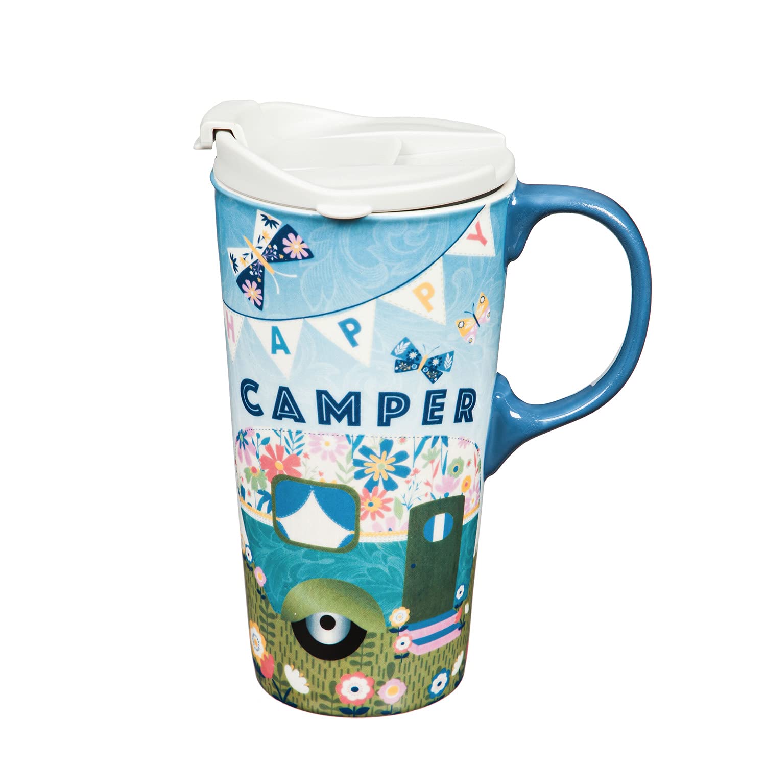 Cypress HomeCeramic Travel Cup, 17 OZ.,w/box, Happy Camper