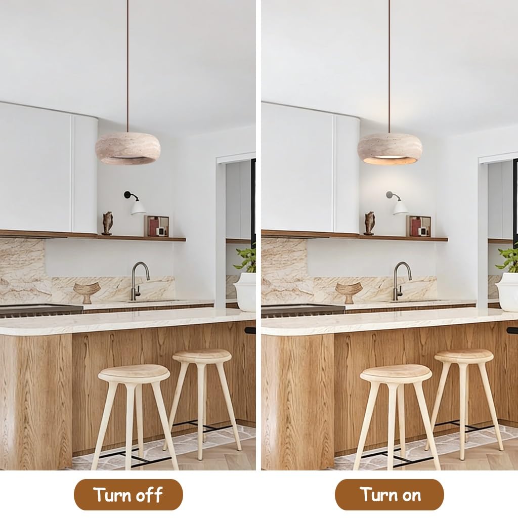 LED-Pendelleuchte Aus Holz Nordische Hängeleuchte Aus Gelbem Kalkstein Kreative Trommelförmige Kronleuchter Aus Naturstein Wabi-Sabi-Stil Geeignet Für Esszimmern Kücheninseln Wohnzimmern(A1)