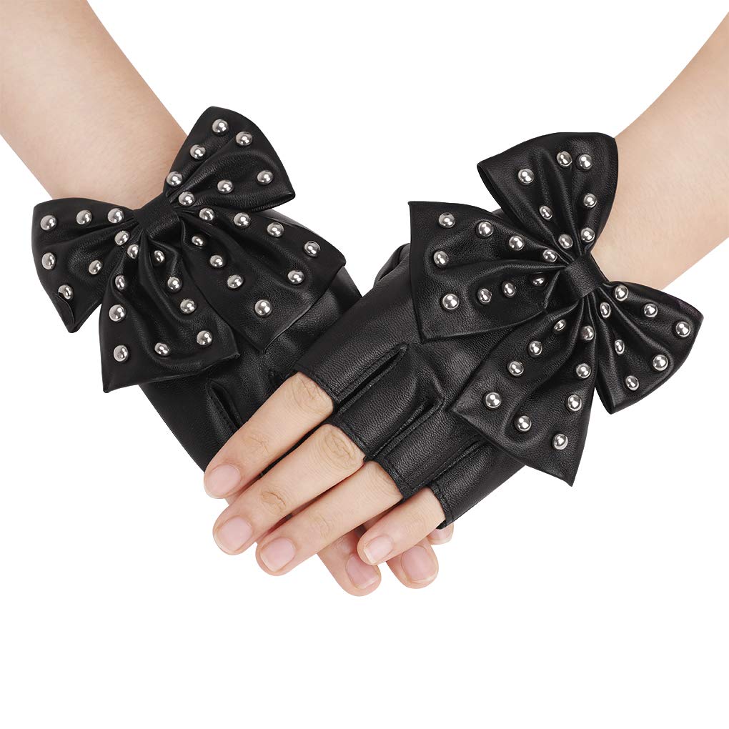 Tinayaue Girls Black Punk Half Finger Gloves Big Bowknot Rivet Design Pu Leather Performance Cosplay Gloves Fingerless Rock Jazz Style Gloves Club Stage Dance Gloves For Women