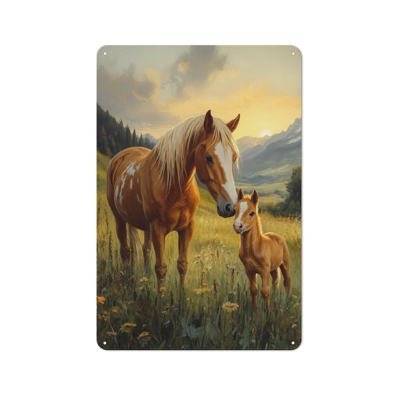 Junmoney Style-20 Horse And Foal In Meadow Rustic Metal Sign 30X20cm For Café Or Home Bar, Suited To Home Bar Enthusiasts, For Retro Home Interiors