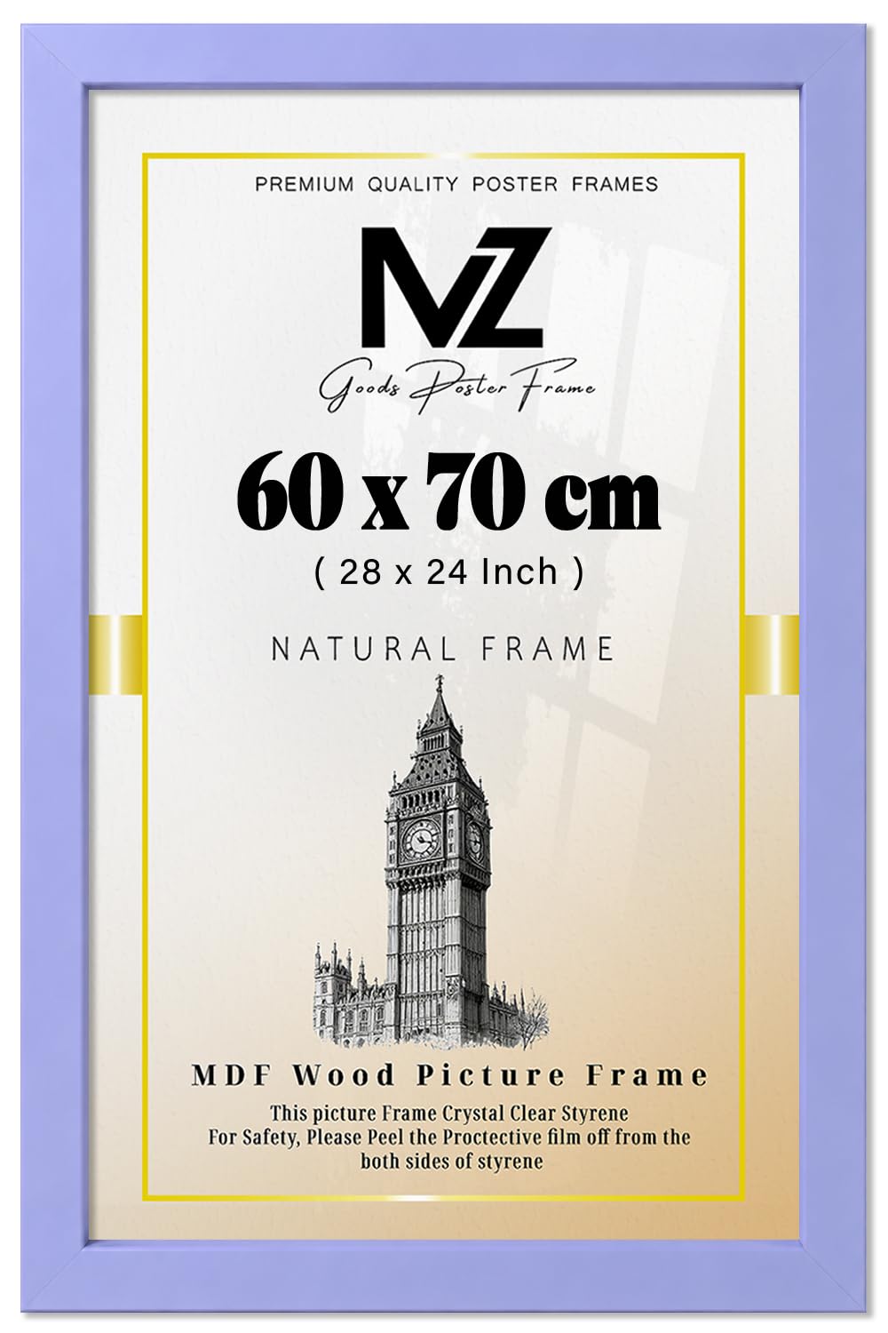 MZ GOODS | MDF Picture Frame (60 x 70 CM) 70 cm x 60 cm for Posters, Certificates & Art Prints, Secure Hanging Hooks for Display [ Purple ]