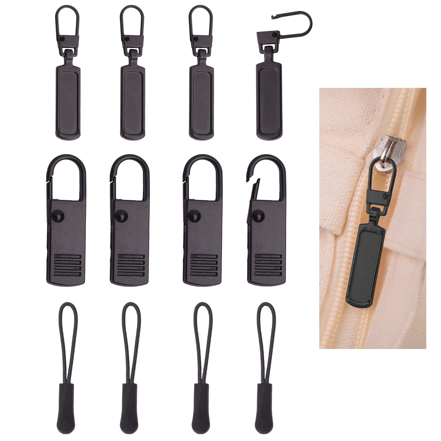 Longan Craft Zipper Pull Replacement 12pcs Replacement Zipper Pulls Tabs Zip Tags Cord Pulls Zipper Gripper Mend Fixer Slider Handle Extensions Reapir for Jacket Pants Boot Suitcase Backpack (Black)