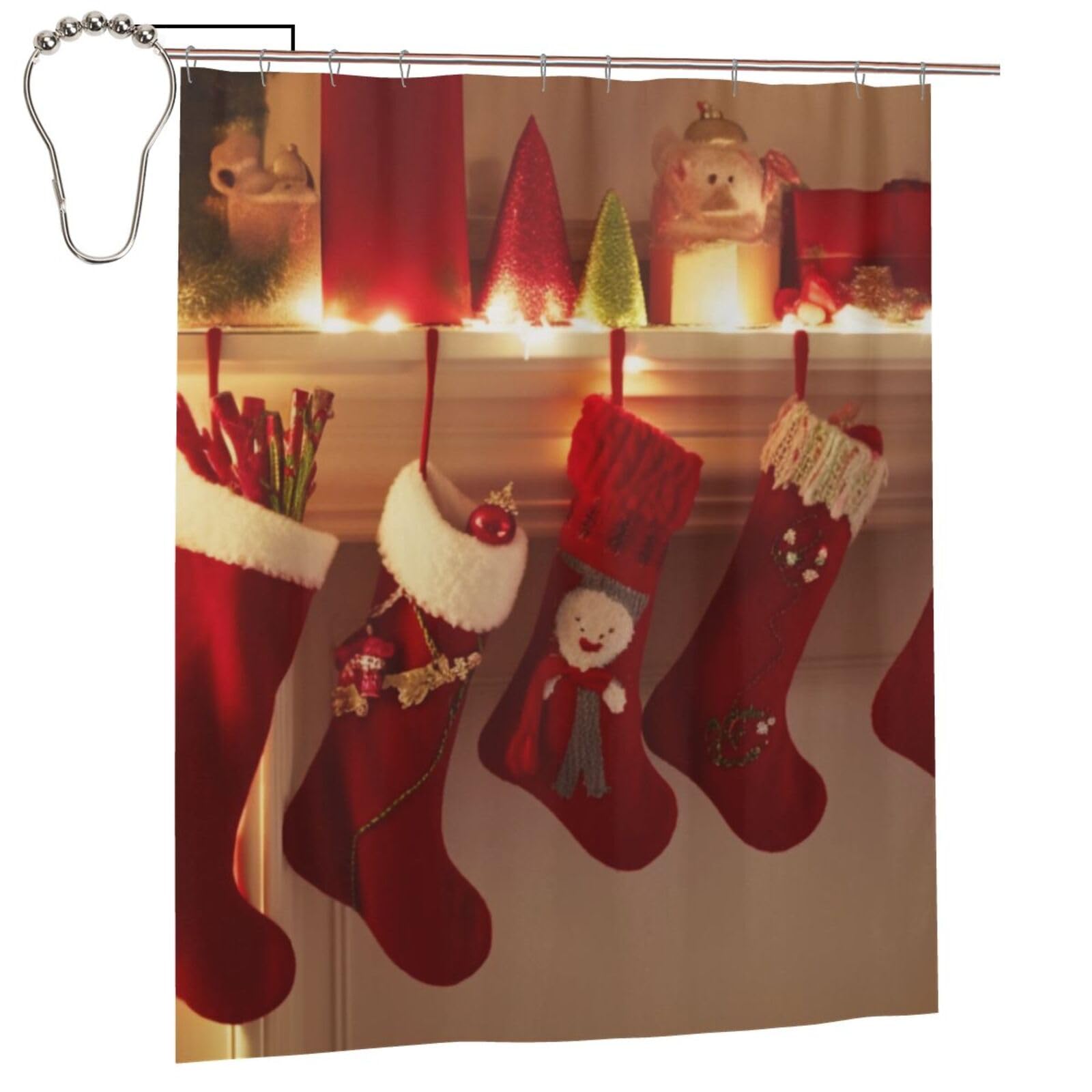 BWWHCCTI Merry Christams Stockings Printed Shower Curtain With 12 Iron Hooks Opaque Quick Drying Waterproof Shower Curtains Sets For Bathroom 152x183 Cm
