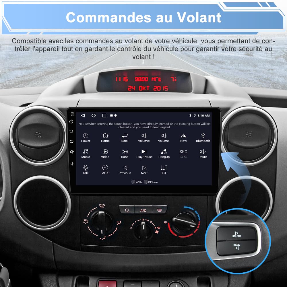 AWESAFE Autoradio Android 15 pour Citroën Berlingo/Peugeot Partner (2008-2019), Écran Tactile 9 Pouces 2Go+64Go, CarPlay & Android Auto, GPS WiFi Bluetooth USB DSP, SWC, Caméra de Recul Incluse