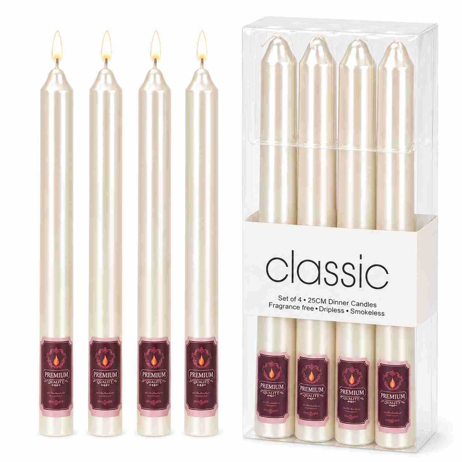 Taper Candles, Ivory Pearl Finish, 27 cm Tall Dinner Candles, Set of 4