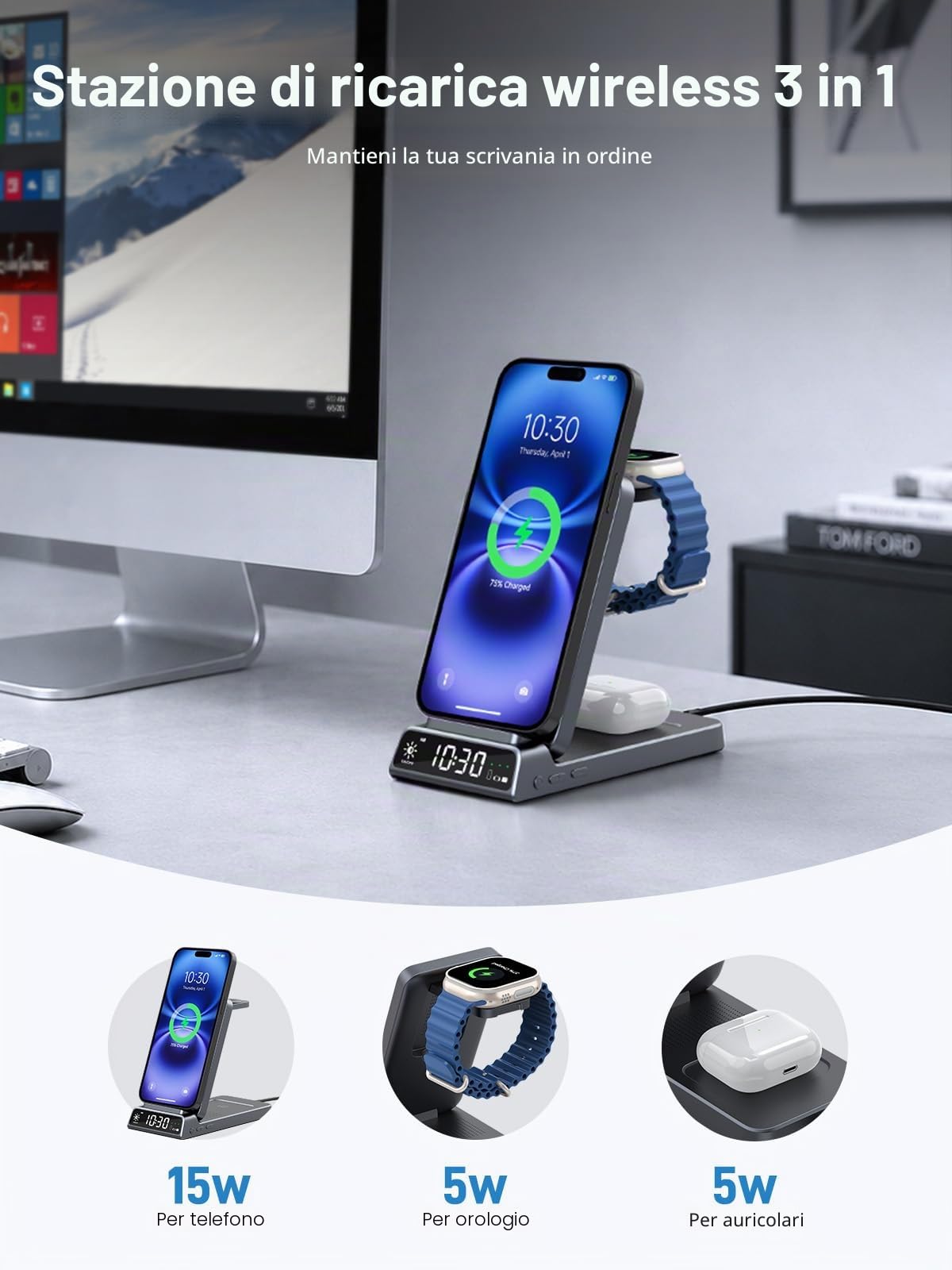Caricabatterie Wireless per Apple Ricarica Magnetica 3 in 1 Stazione di ricarica con Orologio, Supporto di Ricarica Pieghevole Senza Fili per iPhone 17/16/15, Caricatore per iWatch