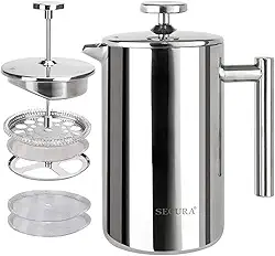 Secura Cafeteira French Press, prensa de café isolada de aço inoxidável de grau 304 com 2 telas extras, 35 g (0,35 litros), prata (SFP-12DS)