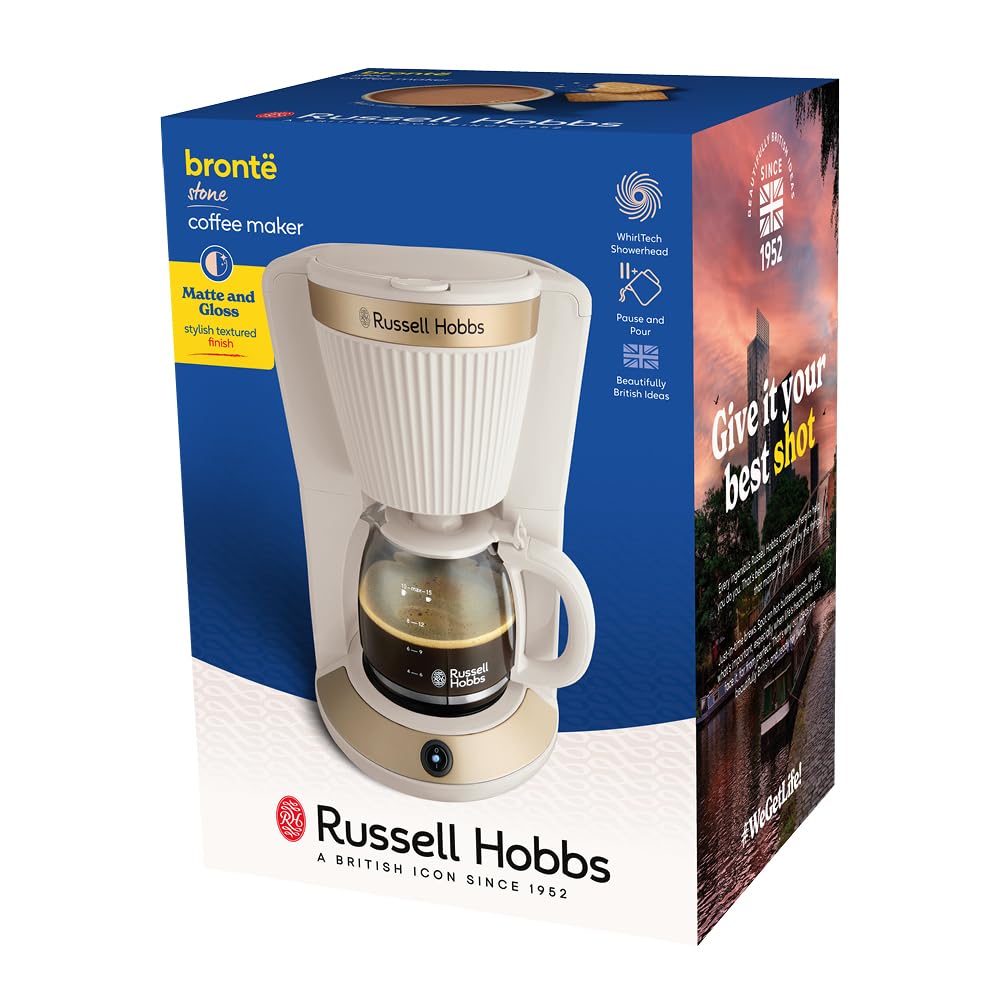 Russell Hobbs Filterkaffeemaschine [1,25L,1100W] Brontë Stone (WhirlTech-Brühtechnologie, Tropf-Stopp, Warmhalteplatte, Glaskanne, Wasserstandsanzeige, Pause & Gießen-Funktion) Kaffeemaschine 26781-56