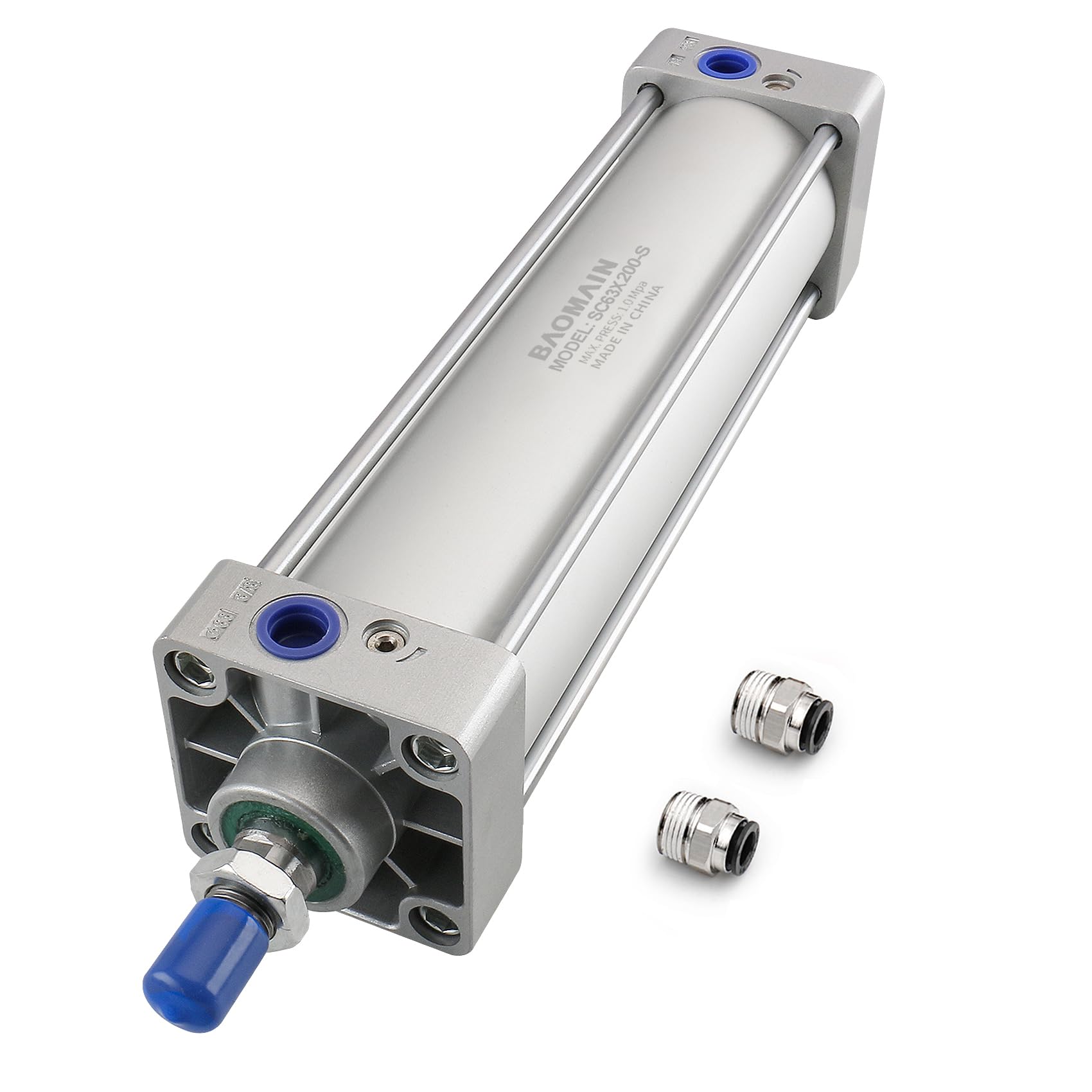 Baomain Pneumatic Air Cylinder SC 63 x 200-S PT 3/8, Bore: 2 1/2 inch, Stroke: 8 inch, Screwed Piston Rod Dual Action with Magnet