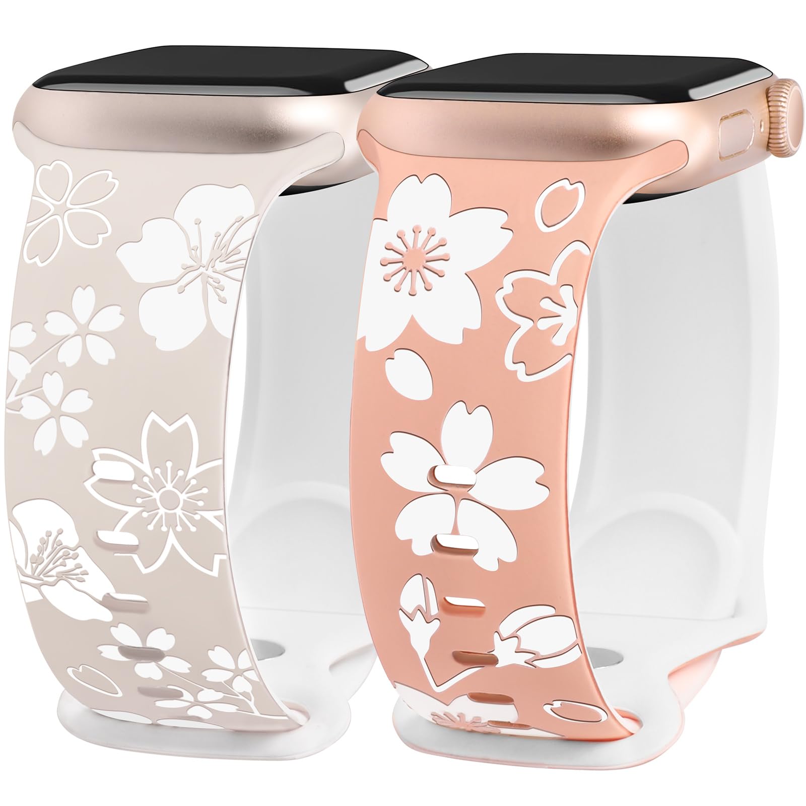2 Pack Floral Engraved Bands Compatible with Apple Watch Bands 38/40/41/42/44/45/46/49mm Women, Two-Tone Fancy Soft Cute Flower Sport Straps for iWatch Series 11 10 9 8 7 6 5 4 Ultra SE 3 2 1 Starlight White + Pink White 38/40/41/42mm(Series 11/10)