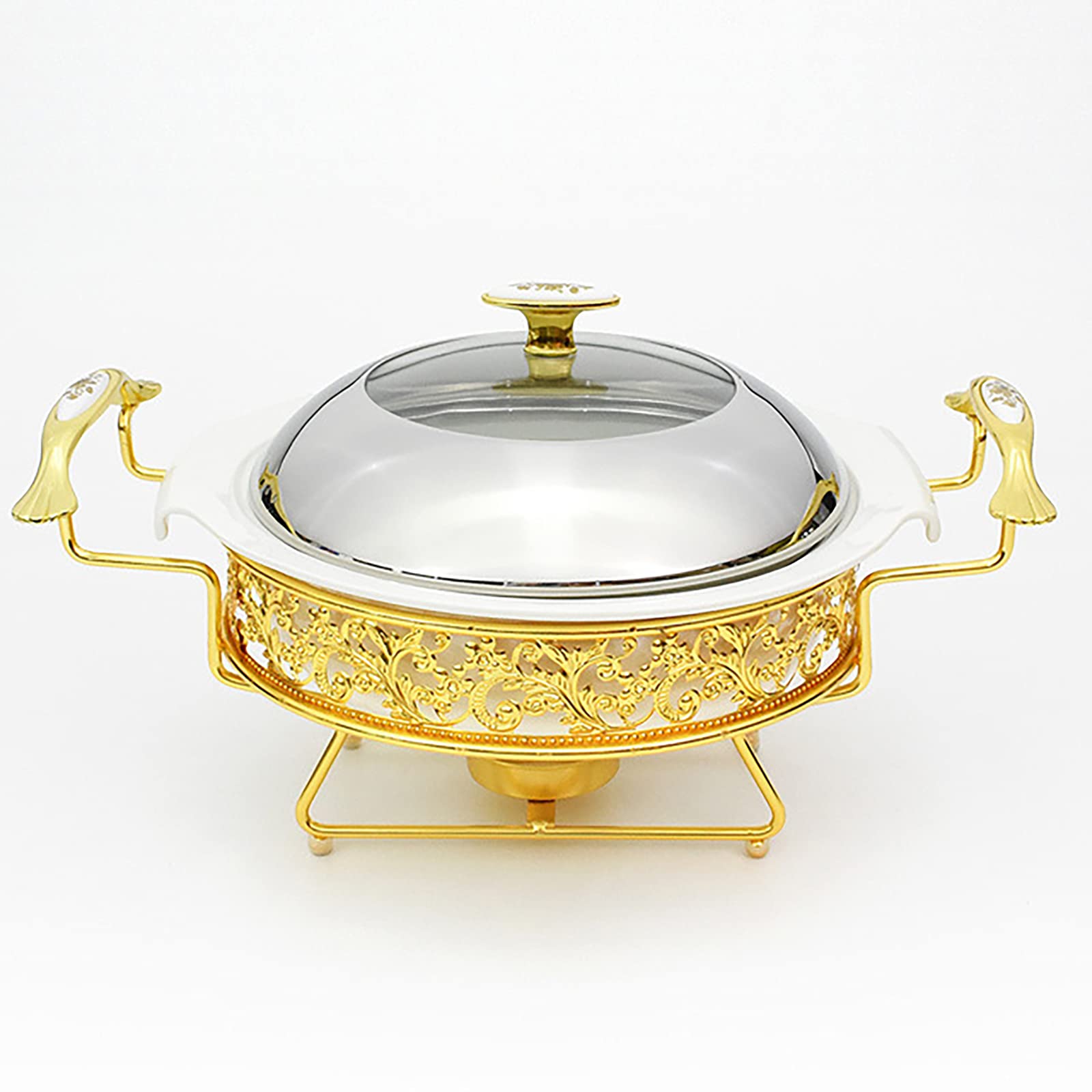 Set da Buffet con Scaldavivande Motivo Dorato, Chafer Rotondo in Acciaio Inossidabile con Coperchio per Matrimoni a Buffet Feste Banchetti Catering Eventi, Set Chafer e Scalda Buffet,32cm