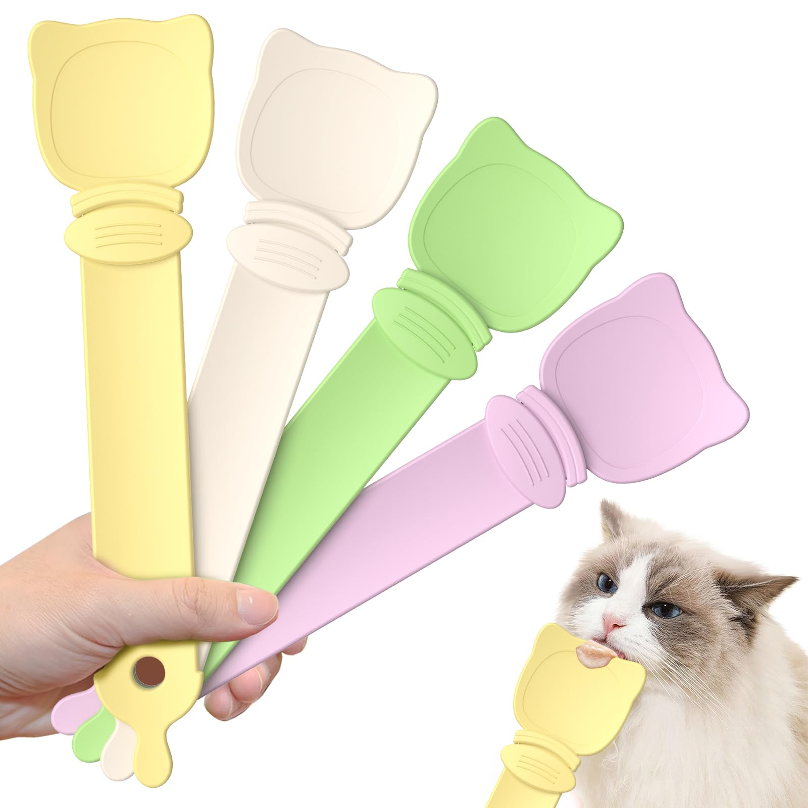 4Pcs Cat Strip Feeder Spoon, Cat Treat Spoon Squeeze for Wet Food, Easy Grip Design-Green&Yellow&Pink&White