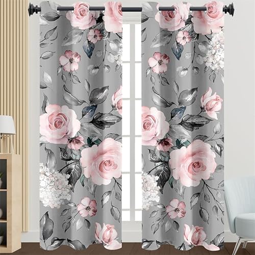 Curtains Grey Pink Flowers Eyelet Curtains Energy Saving Curtains for Living Room Noise Reduction Blackout Curtains Heat Insulation Curtains Eyelet Black Out Curtains Bedroom 2x140x260