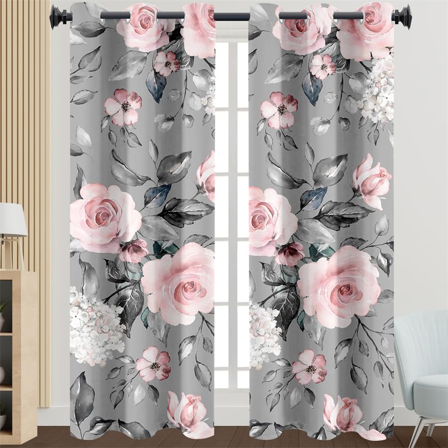 Curtains Grey Pink Flowers Eyelet Curtains Energy Saving Curtains for Living Room Noise Reduction Blackout Curtains Heat Insulation Curtains Eyelet Black Out Curtains Bedroom 2x140x240
