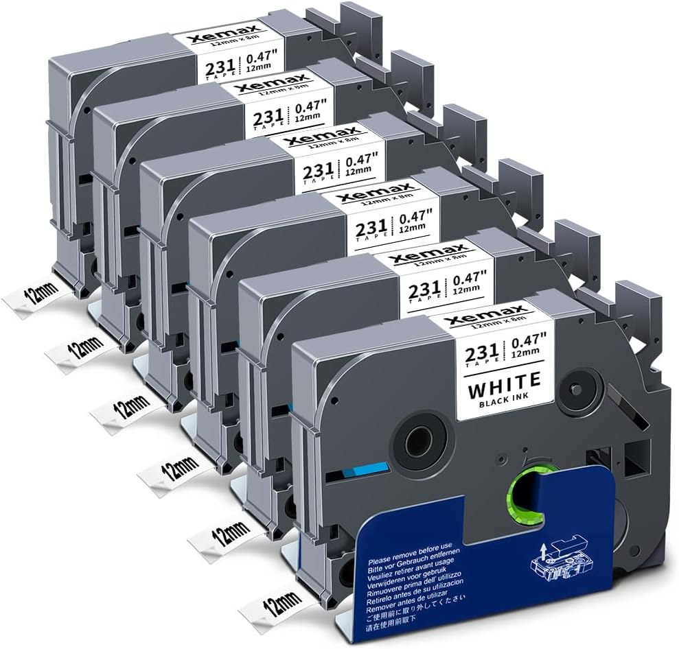 6X XemaX Compatible for Brother Label Printer Tape 12mm TZe-231 Black on White Tape Cassette for Brother P-Touch Label Maker PT-E110 H100R H100C H105 H110 E550W 1010 E100 H108
