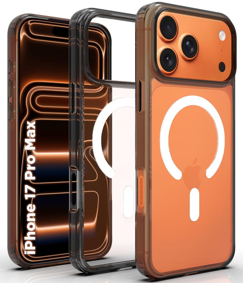 Image of RIGGEAR Shockproof Clear Hybrid Armor Magnetic Back Cover Case Compatible with MagSafe Accessories for iPhone 17 Pro Max (Clear-Black TPU Bumper + Transparent PC) (White MagRing)