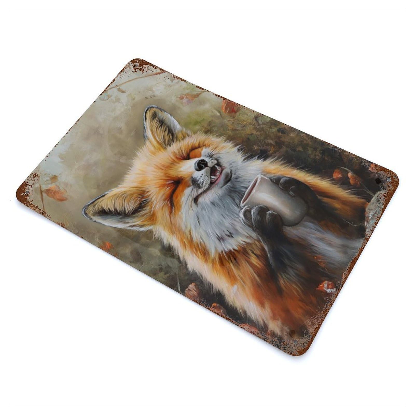 Cute Fox Coffee Tea Drink Rusty Metal Tin Sign 11.8"x7.9", for Shed, Workshop And Garage Wall Decor, Novelty Wall Decor