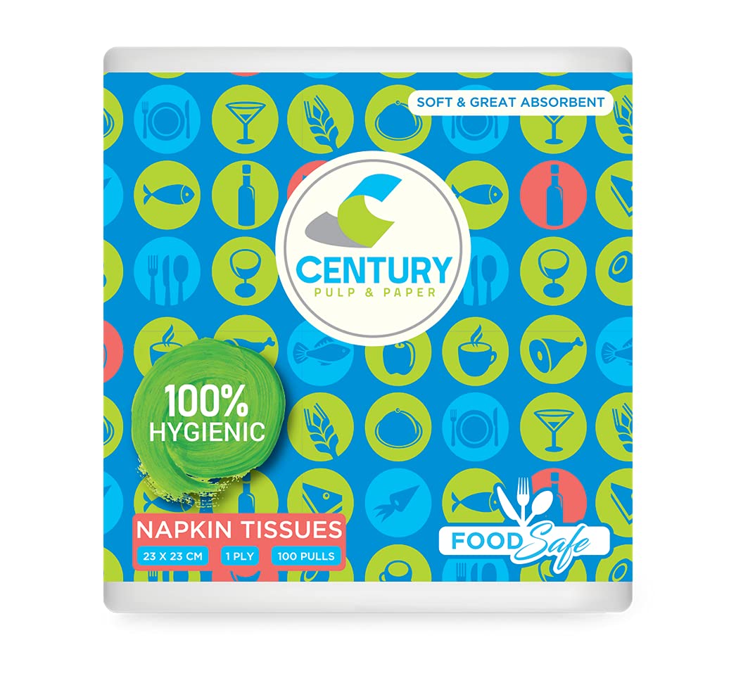 Century Paper Napkins (23X23cm) Food Safe, 100 Pulls | Made up of 100% Virgin Pulp, OBA-Free, FDA Certified (1Ply, Pack of 10, 1000 Pulls)