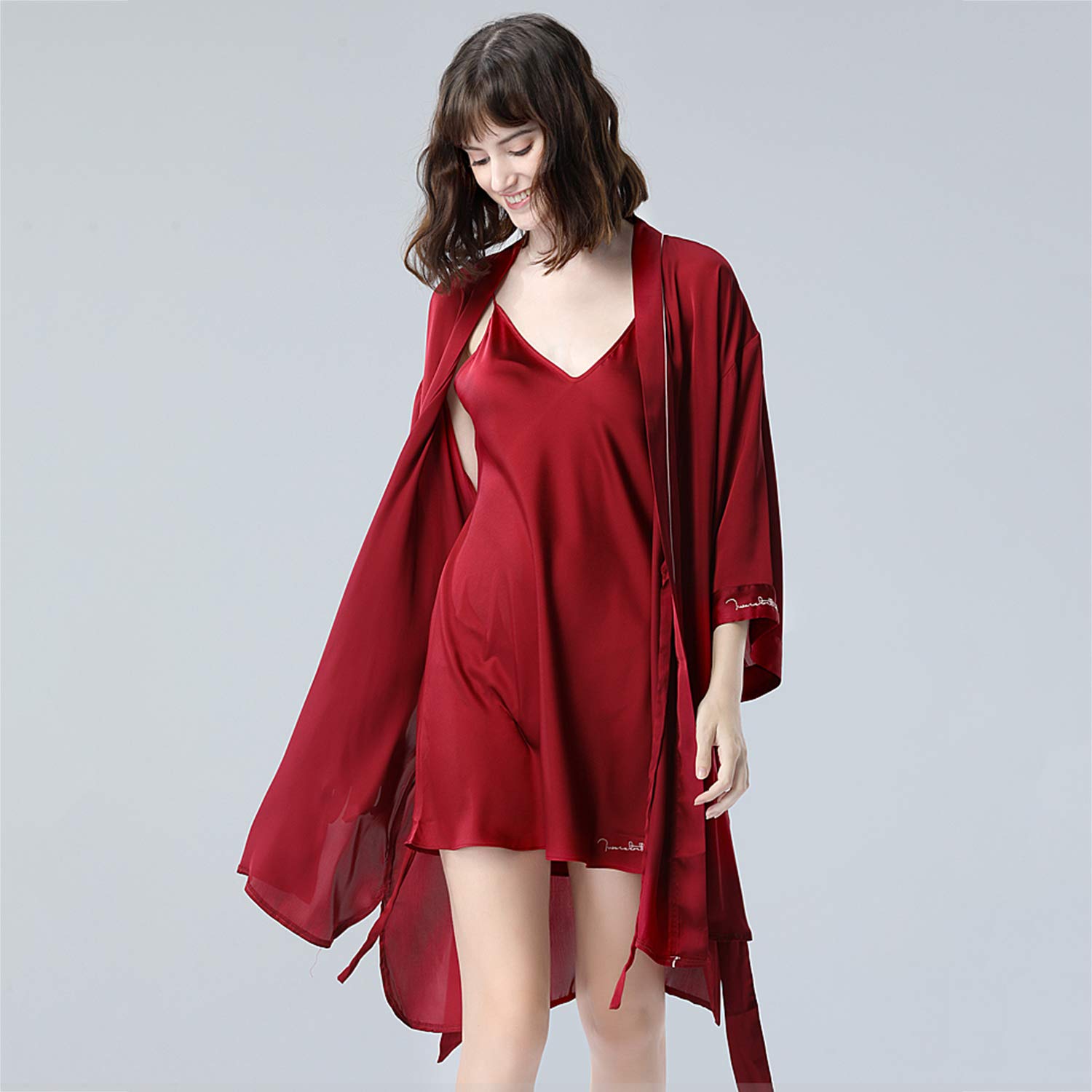 Conjunto De Vestido De Mujer, Lujoso Albornoz De Satén con Cinturón, Pijama De Verano Transpirable, Elegante Regalo De Boda, Rojo Vino L
